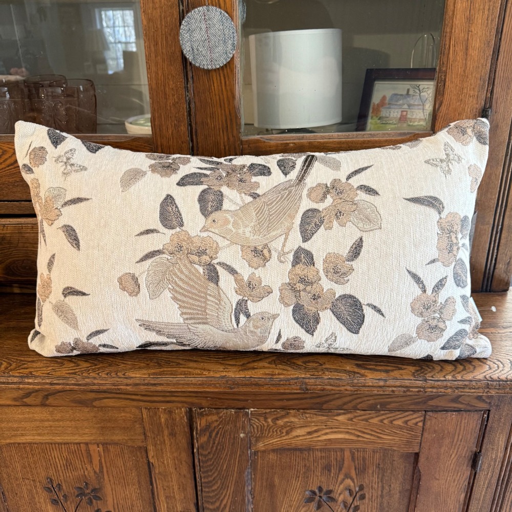 Westex Woven Bird Floral Lumbar Pillow Cream Tan Grey Nature Accent Cushion Down